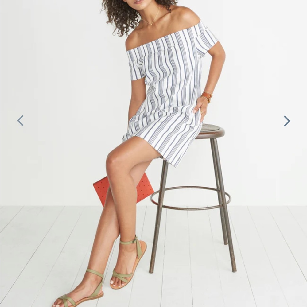 Marine Layer White and Navy Stripe Off-Shoulder Mini Dress